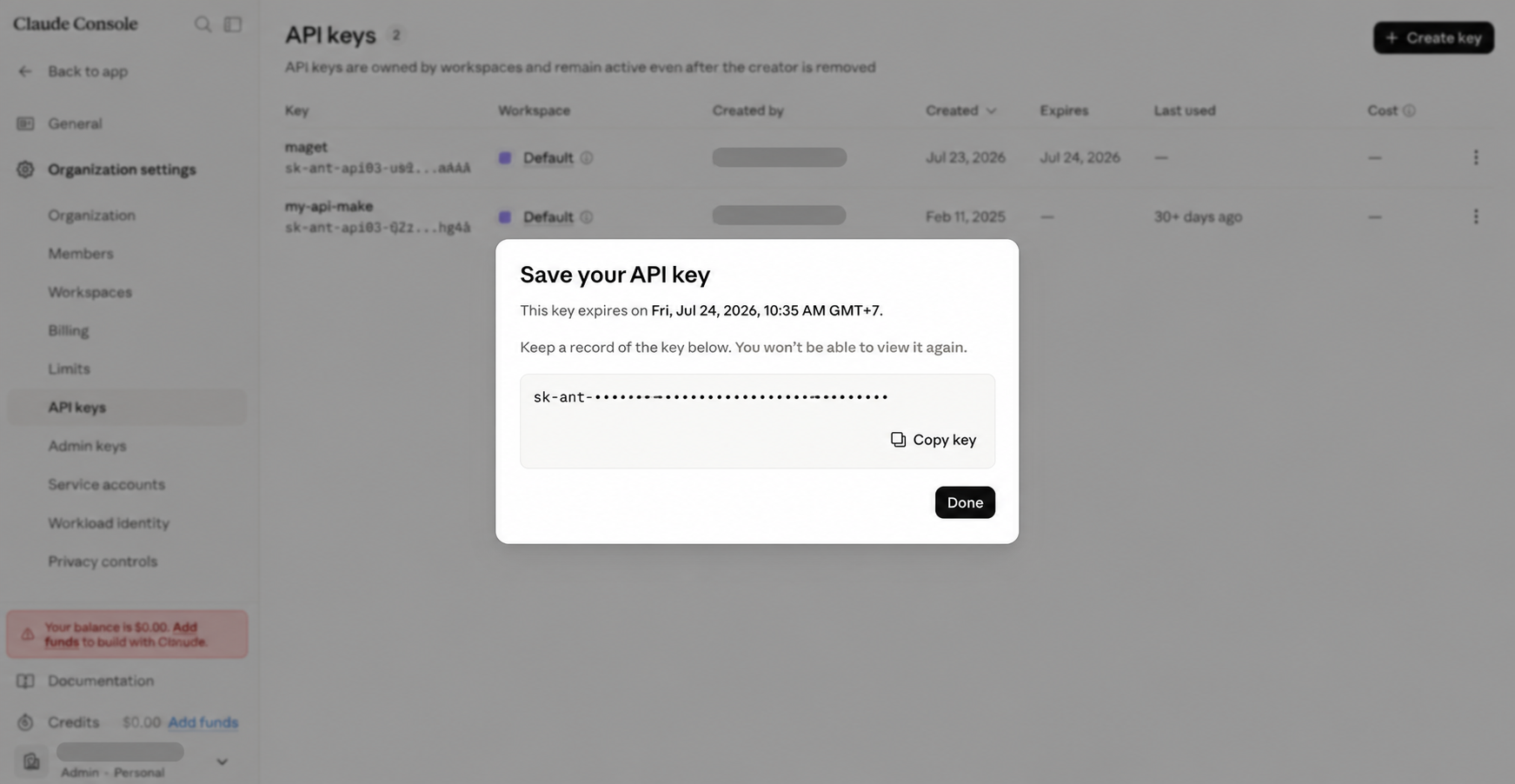 หน้าต่าง Save your API key ใน Claude Console พร้อมปุ่ม Copy key โดยปิดบังค่า key และข้อมูลส่วนตัวแล้ว