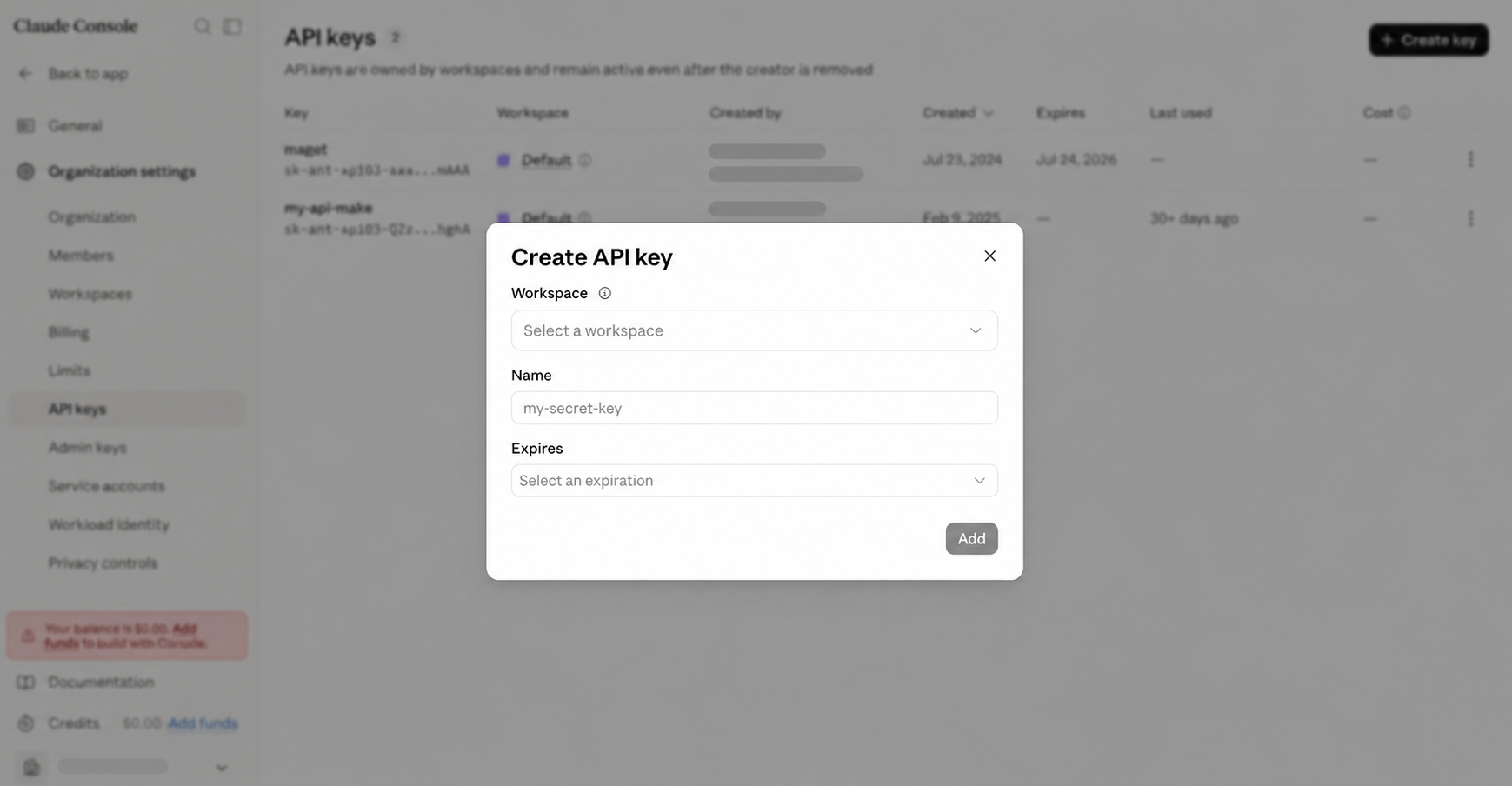 หน้าต่าง Create API key ใน Claude Console สำหรับเลือก Workspace ตั้งชื่อ และกำหนดวันหมดอายุ