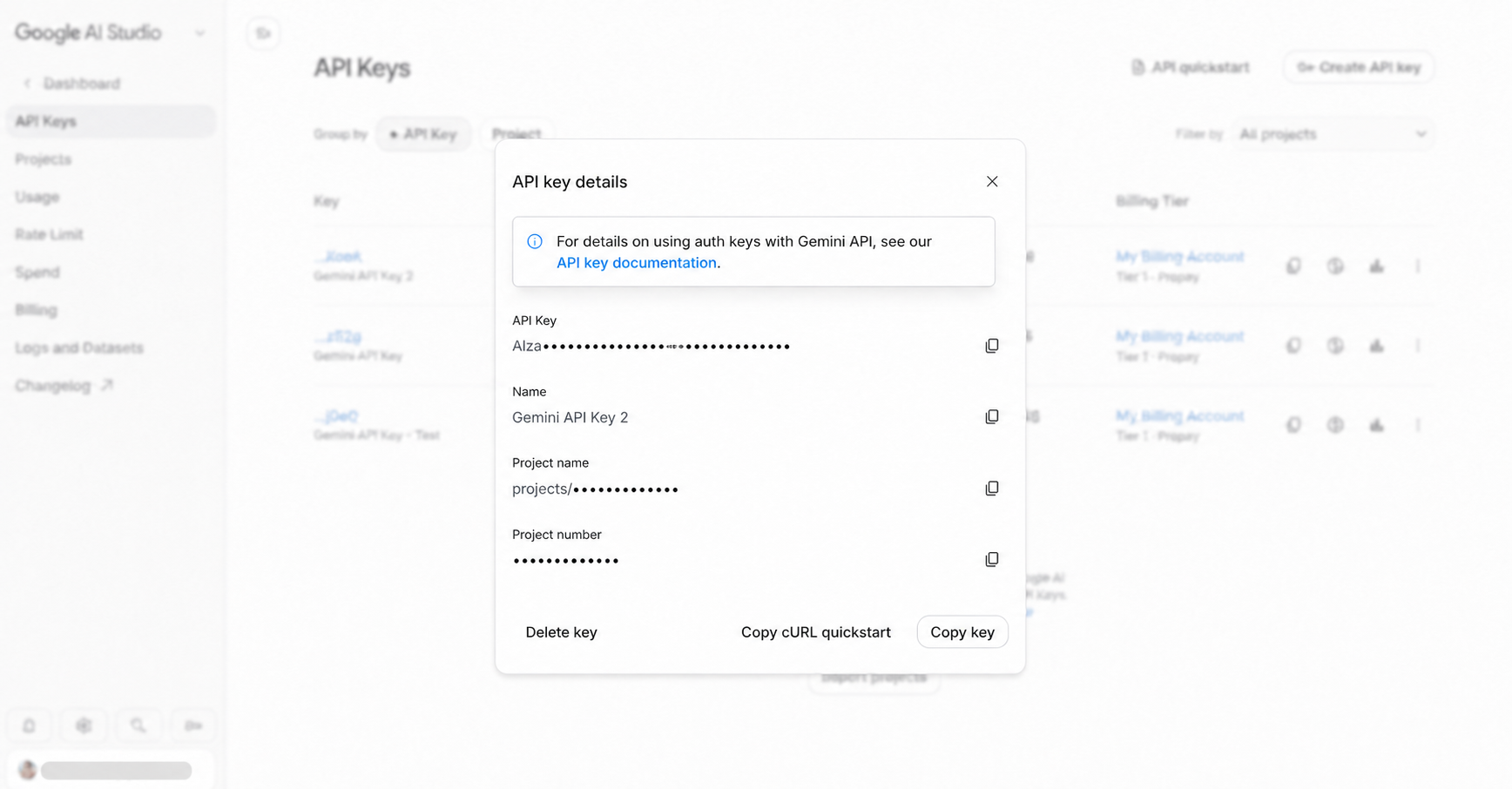หน้าต่าง API key details ใน Google AI Studio พร้อมปุ่ม Copy key โดยปิดบัง key เลขโปรเจกต์ และข้อมูลส่วนตัวแล้ว