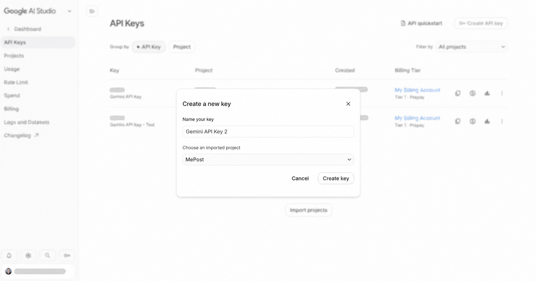 หน้าต่าง Create a new key ใน Google AI Studio สำหรับตั้งชื่อและเลือกโปรเจกต์