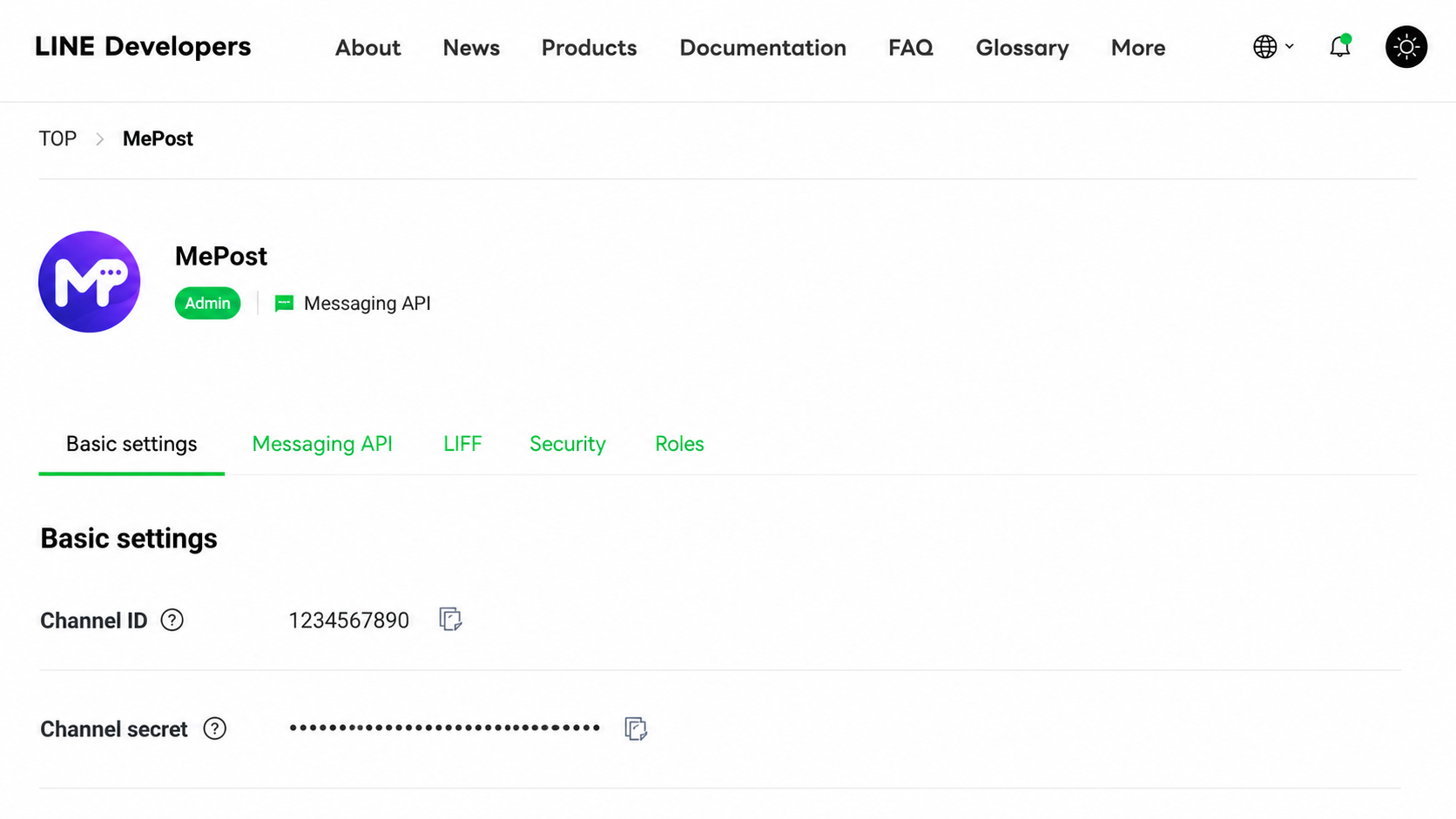 Basic settings ใน LINE Developers แสดงตำแหน่ง Channel ID และ Channel Secret ที่ปิดบังค่าไว้