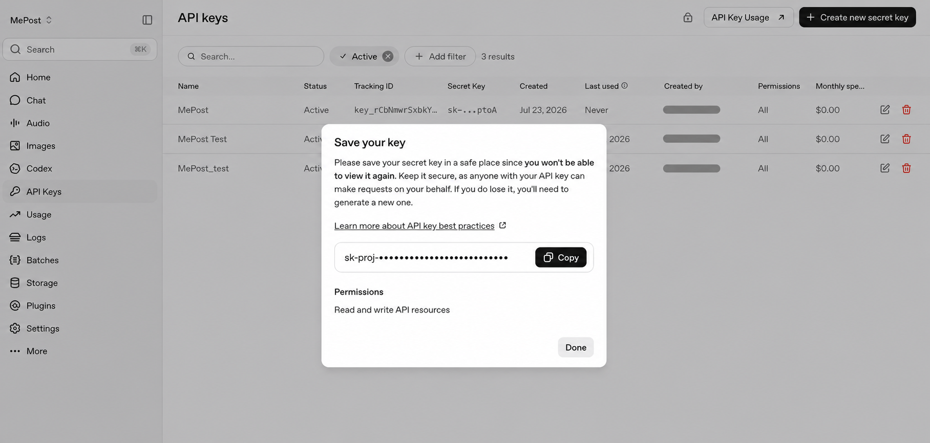 หน้าต่าง Save your key ใน OpenAI พร้อมปุ่ม Copy โดยปิดบังค่า key แล้ว