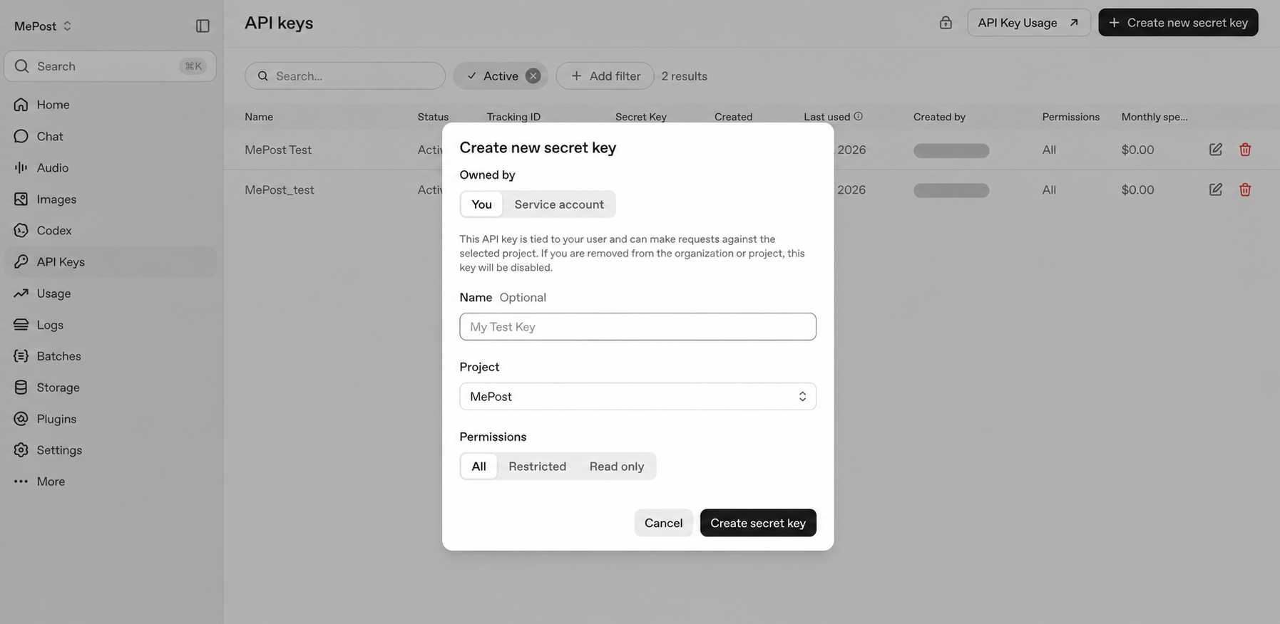 หน้าต่าง Create new secret key ใน OpenAI สำหรับตั้งชื่อ เลือกโปรเจกต์ และกำหนดสิทธิ์